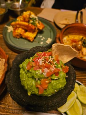 Guacamole with spirulina, elote, and additional corn themed appetizer at Don Taco Tequila in San Miguel De Allende
