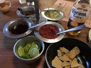 Salsa with chips.  The one on the far left is AMAZING! at Don Taco Tequila in San Miguel De Allende