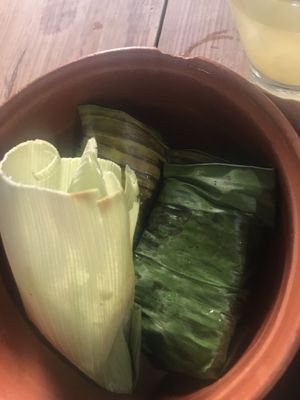Tamale appetizer (One corn, one platano, one mole). Good! at Don Taco Tequila in San Miguel De Allende