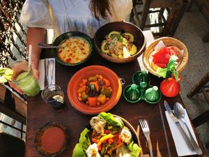All vegan, Quinoa Salade, bean soup, couscous salad and another salade   at Zeitoun Cafe in Marrakech
