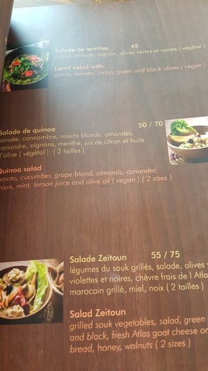 Menu of salads at Zeitoun Cafe in Marrakech