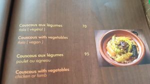 Menu of couscous at Zeitoun Cafe in Marrakech