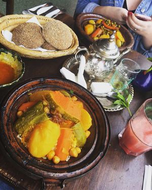 Vegetable cous cous and vegetable tajine at Zeitoun Cafe in Marrakech