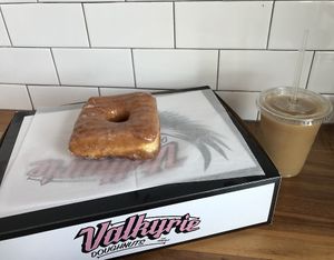 Glazed donut and a cold brew coffee  at Valkyrie Doughnuts in Orlando