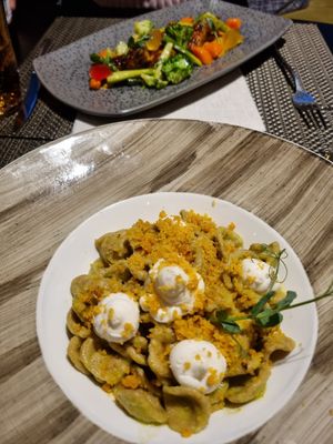 Vegan orechiette + Tempeh dish at Blu in Locarno