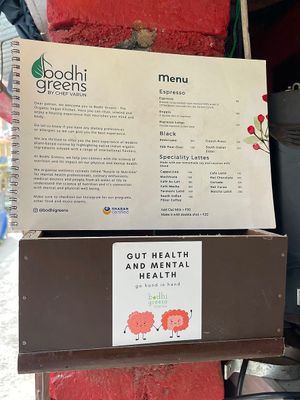 Front of menu (offers oat milk for 50rp)  at Bodhi Greens in Dharamshala