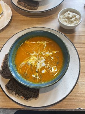 Pumpkin soup with millet bread and hummus   at Bodhi Greens in Dharamshala