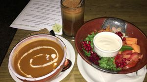 Tomatosoup Rainbowsalad Applejuice at Bodhi Greens in Dharamshala