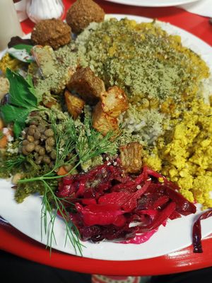 Rainbow of foods at Manchester Vegan Cafe in Manchester