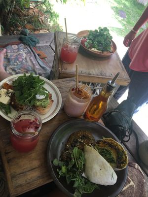 Vegan burrito, watermelon juice and smoothie (the in the photo is not vegan) at Folk in Byron Bay
