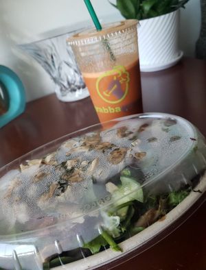 Nourish juice in the back (couldn't resist several gulps) & filled to the lid portions at grabbagreen in Killeen