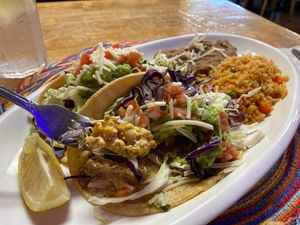 Vegan fish ( breaded tempeh  ) Tacos at Hugo's Cocina  in San Diego