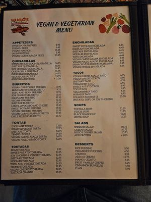 Vegan/vegetarian menu at Hugo's Cocina  in San Diego