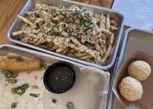 Ate most of it before I remembered to take a pic. Tokyo Fries, Salt & Pepper Calimari, Dragon Balls. All �yep  at Grains  in San Diego