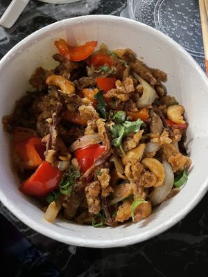 Pepper glazed chicken strips  at Grains  in San Diego