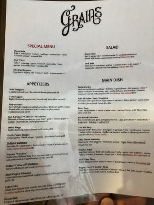 Menu  at Grains  in San Diego