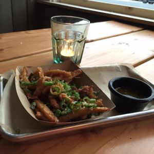 Fried mushroom calamari appetizer at Grains  in San Diego