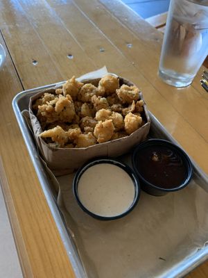 Popcorn “chicken”. Very impressed. The dipping sauces are very good   at Grains  in San Diego