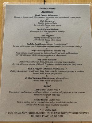 Menu at Grains  in San Diego