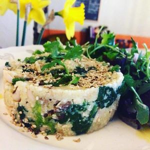 Special Portuguese dish with corn bread, greens and tofu Yummy
 Migas de broa com grelos e tofu  at Fortuna Cafe in Sintra