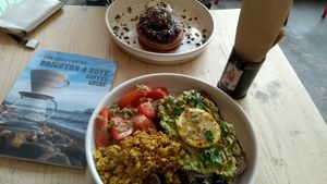 Full breakfast and buckwheat pancakes at The Longhouse Cafe in Brighton