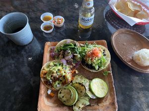 My three amazing vegano tacos with squash and rice and beans sides.   at La Santisima in Phoenix