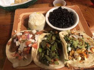 3 different vegan tacos, beans, and rice at La Santisima  in Glendale