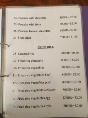 Menu at Riverside Hotel in Stung Treng