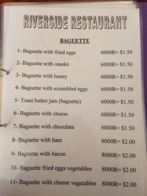 Menu at Riverside Hotel in Stung Treng
