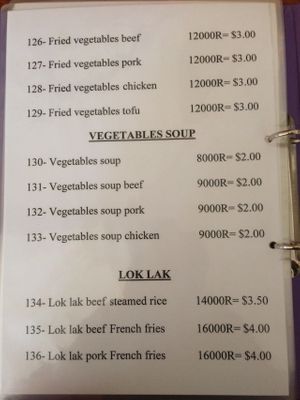 Menu at Riverside Hotel in Stung Treng