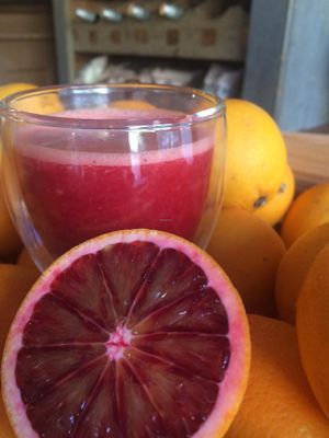 Freshly squeezed blood orange juice. at Gather in Bath