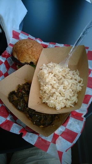 1/2 Black Bean Burger, collards and brown rice at Natural Selections Cafe in Savannah