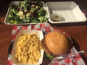 Power Kale Salad and Crabbie Cake with Mac and Cheeze side at Natural Selections Cafe in Savannah