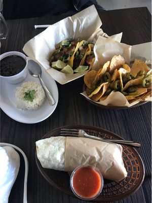 Tacos, Nachos and Carne Asada burrito at Mi Vegana Madre in Glendale