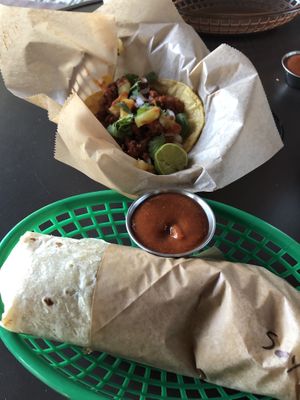 Soyrizo Burrito & Taco de la lengua  at Mi Vegana Madre in Glendale
