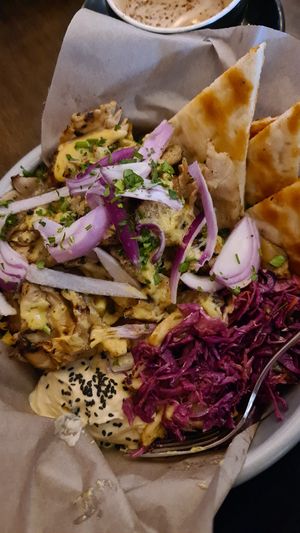 Open oyster mushroom souvlaki at Olive Oil & Butter Kafe in Kingsville