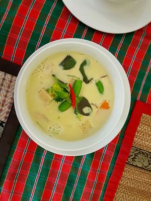 Vegan green curry with mushroom tofu.... yum! at The Social Salad in Hua Hin