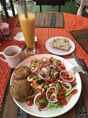 Black bean patties with vegan bread and self chosen salad.  at The Social Salad in Hua Hin