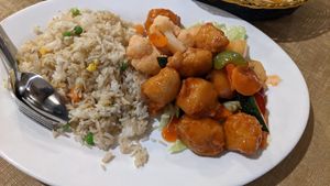Sweet & Sour pork with rice at Vegie Bowl in Springvale