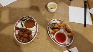 Satay skewers and fried dumplings at Vegie Bowl in Springvale
