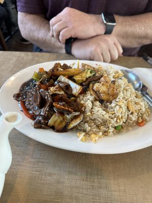 “Beef” with black bean sauce and rice  at Vegie Bowl in Springvale