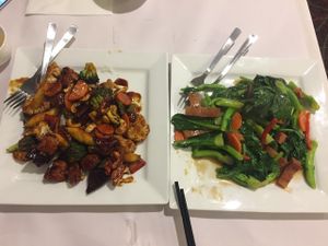 Kung pao mock chicken & Chinese broccoli with roast mock pork  at Vegie Bowl in Springvale