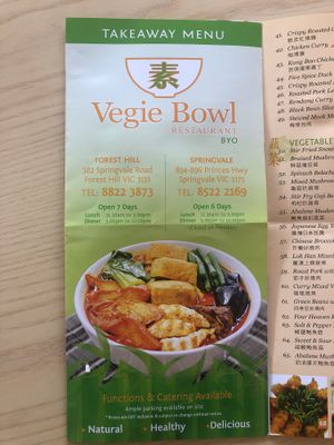 Takeaway menu at Vegie Bowl in Springvale