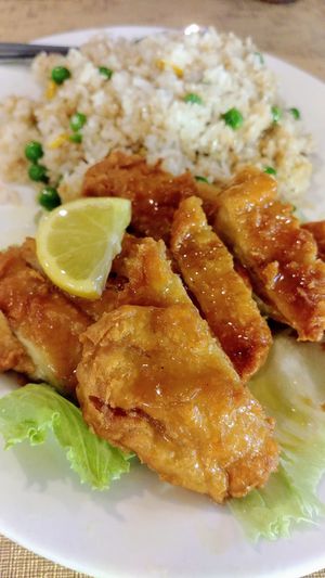 Lemon chick'n and fried rice at Vegie Bowl in Springvale