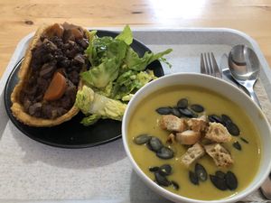 Pea soup with some veganized french traditional meal that I can’t pronounce or remember. at Le P'tit Chez Moi in Bordeaux