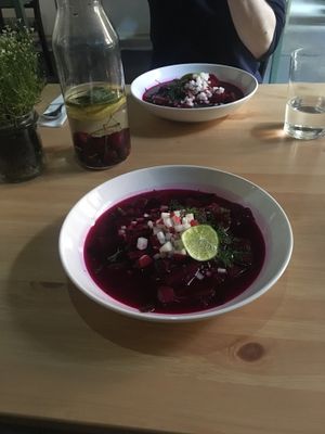 beet gazpacho (in polish: orientalny chłodnik z botwinki i czerwonej kapusty z rzodkiewką i zatharem) at Zjadliwości in Lodz