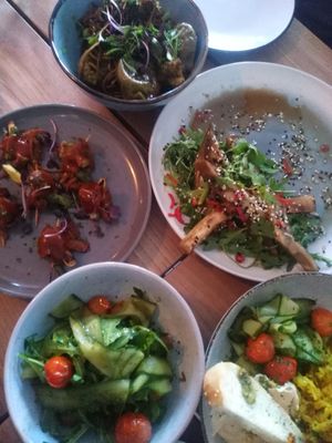 Chinese eggplant salad, side salad, beef negimaki, dumplings, and kofta mezze bowl at The Botanist in Wellington