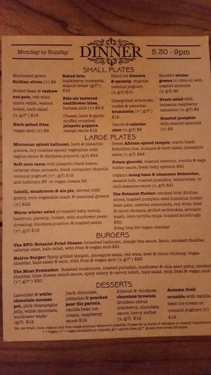 Dinner Menu ~ Sept '17 at The Botanist in Wellington