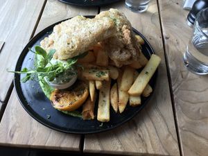 Vegan fish and chips, wish mushy peas and tartare sauce (using banana blossom for the ‘fish') at The Botanist in Wellington