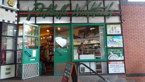The front of the shop, right underneath the A40 highway. One day it might get a new lick of paint! at Portobello Wholefoods in West London